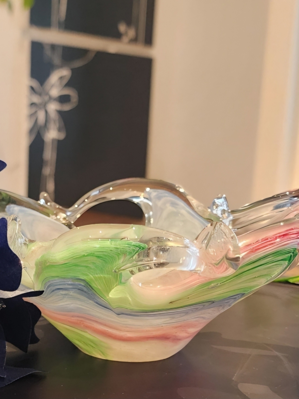 VTG Murano Style Art Glass Starfish Bowl Pastel Pink Green Blue Swirl Catchall
